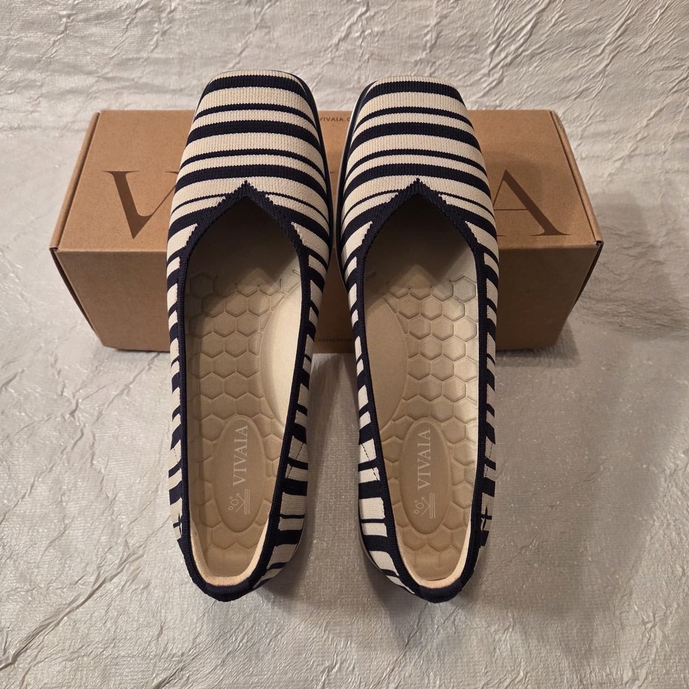VIVAIA Navy Cream Striped Square Toe All-Day Standing Flats EU 39 US 8 - Picture 9 of 16